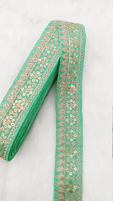 Green Art Silk Fabric Trim With Gold Floral Embroidery, Floral Sequins Sari Border, Trim By 9 Yards